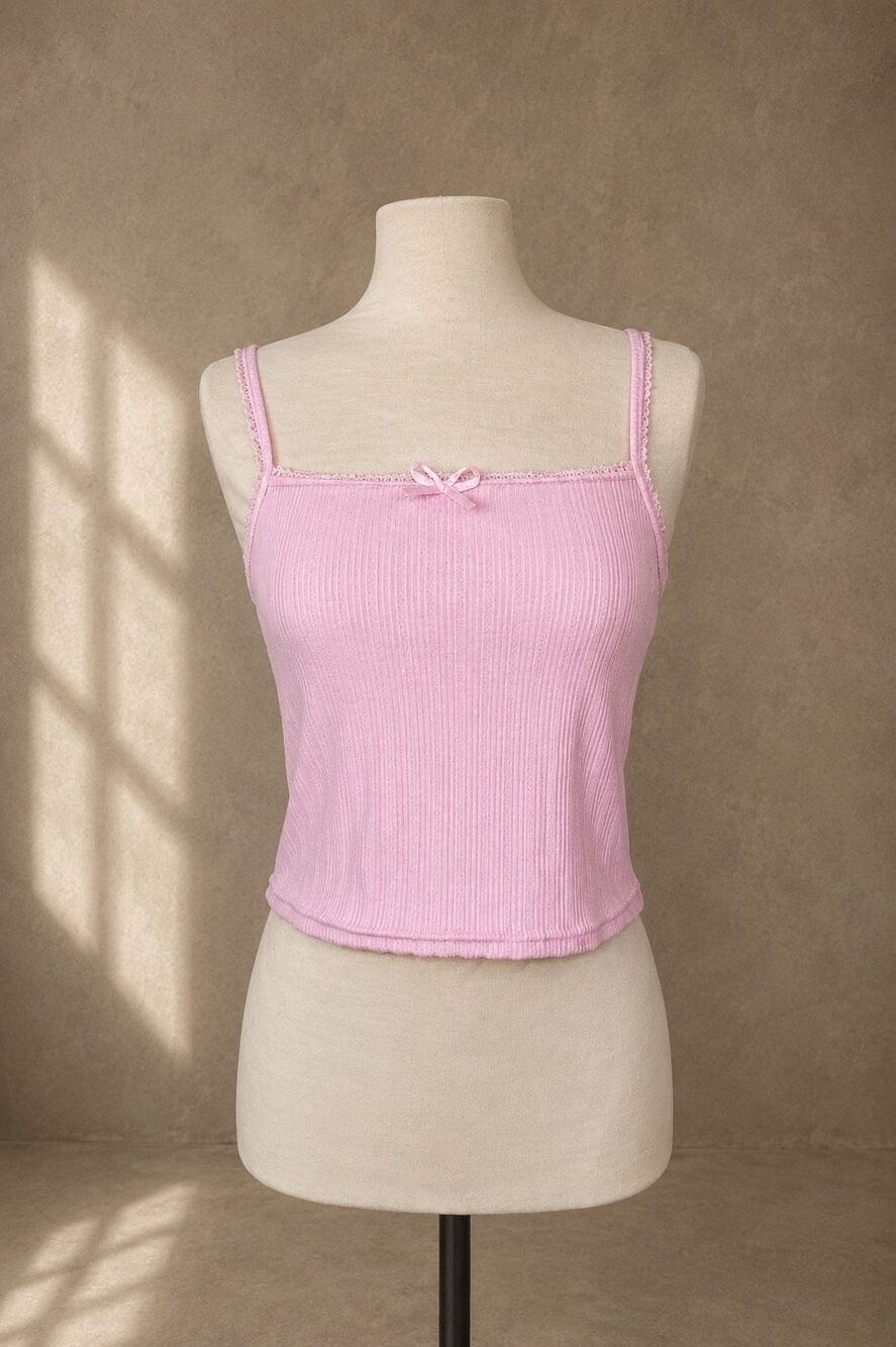 Baby Pink Ribbed Lace Trim Camisole Tank Top Bow Detail Stretchy Y2K medium